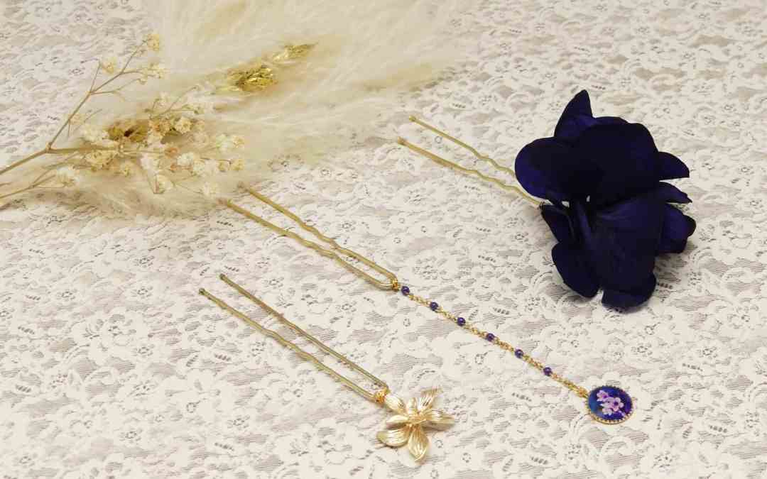 Trio epingles violet or