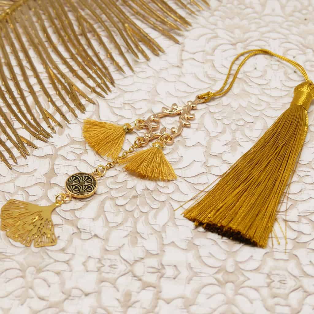 Marque pages pompon arbre ginkgo biloba Japon chandelier doré or rose livre lecture resine lydee deco estampe