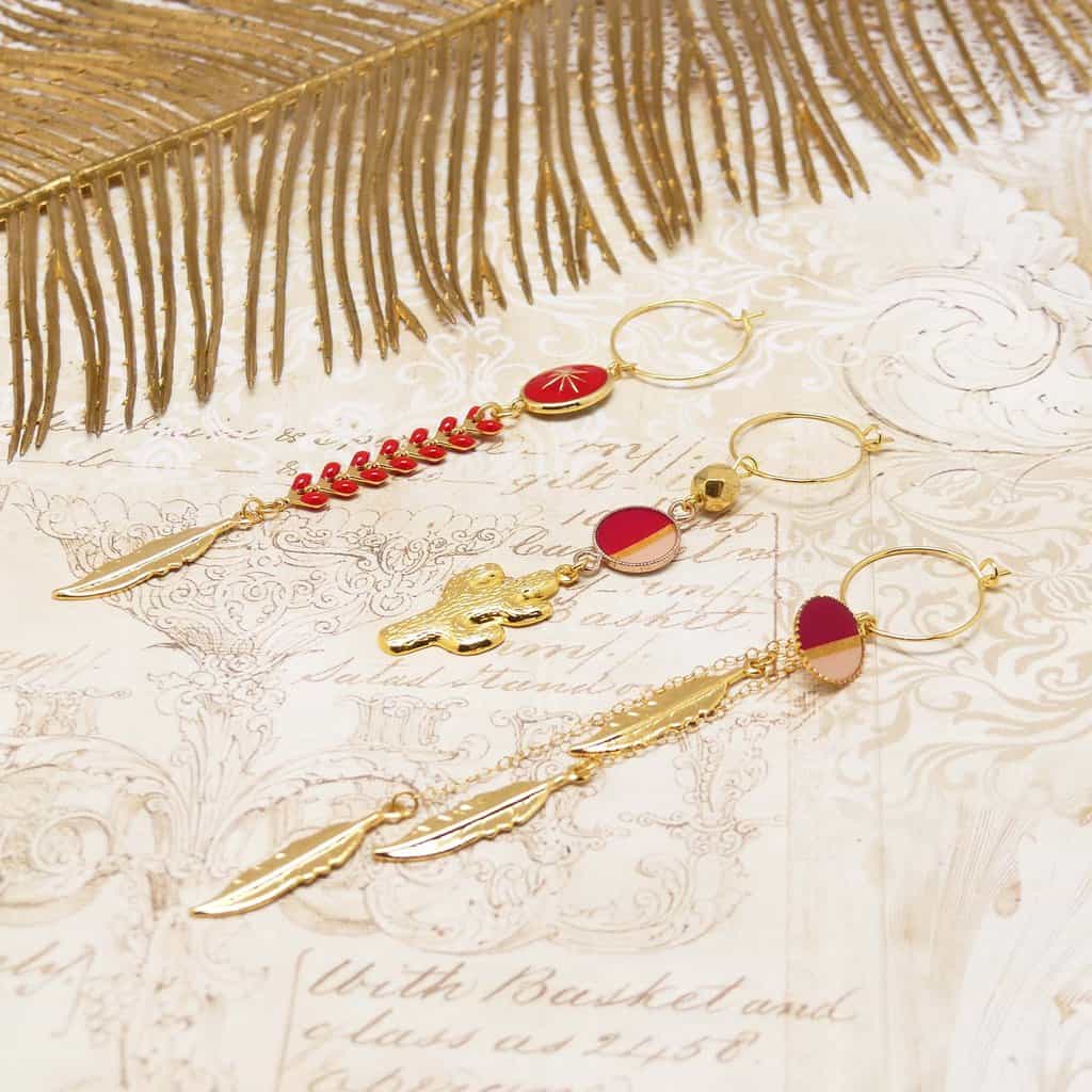 Trio De Boucles D'oreilles Isa - Résine Rouge Et Métal Doré, Sans Nickel, Neuf Avec étiquettes