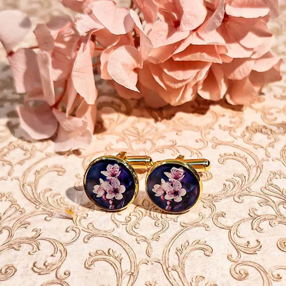 boutons de manchettes fleurs cerisier japon or lydee deco rose