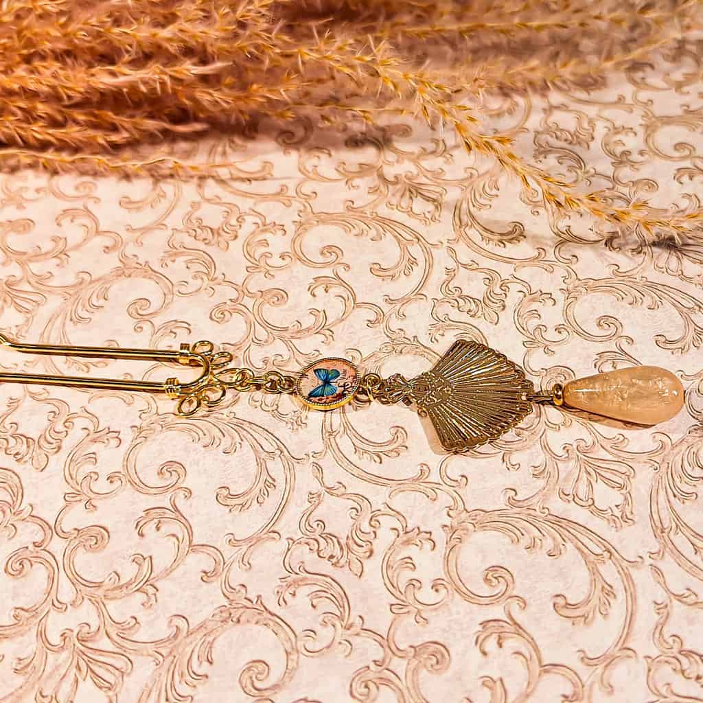 pique cheveux papillon eventail perle rose dore resine lydee deco (3)