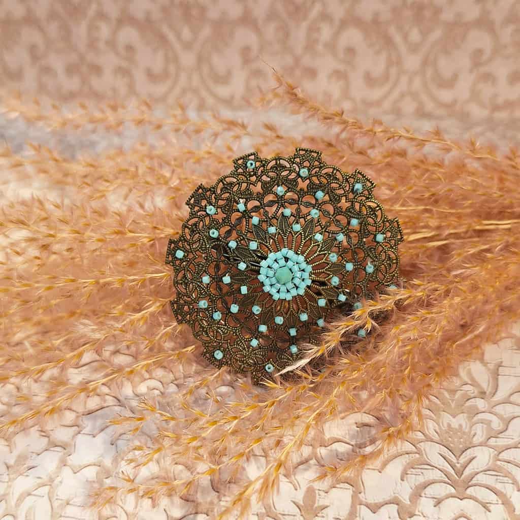 broche tissage perles japonaises vert turquoise bronze lydee deco