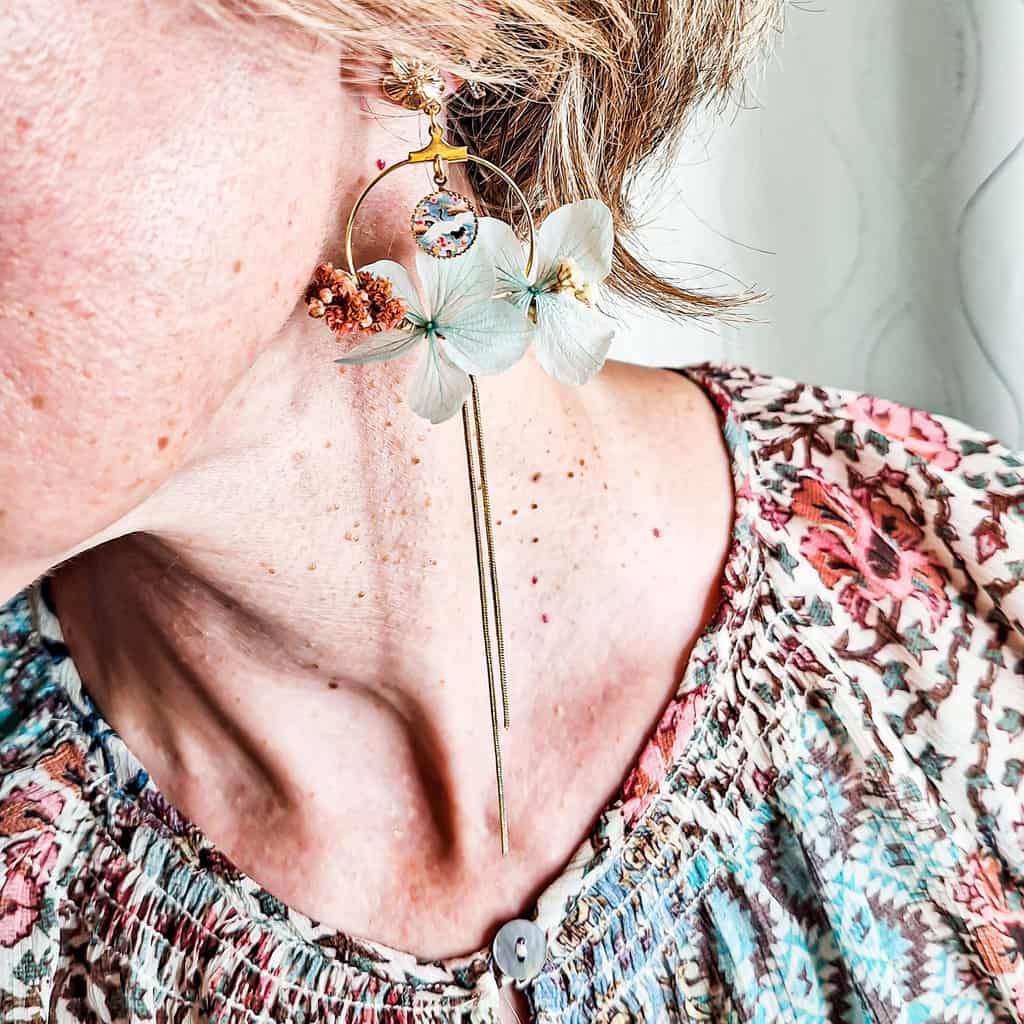 boucles créoles fleur hortensia gypsi resine oiseau japon lydee deco vert rose pastel