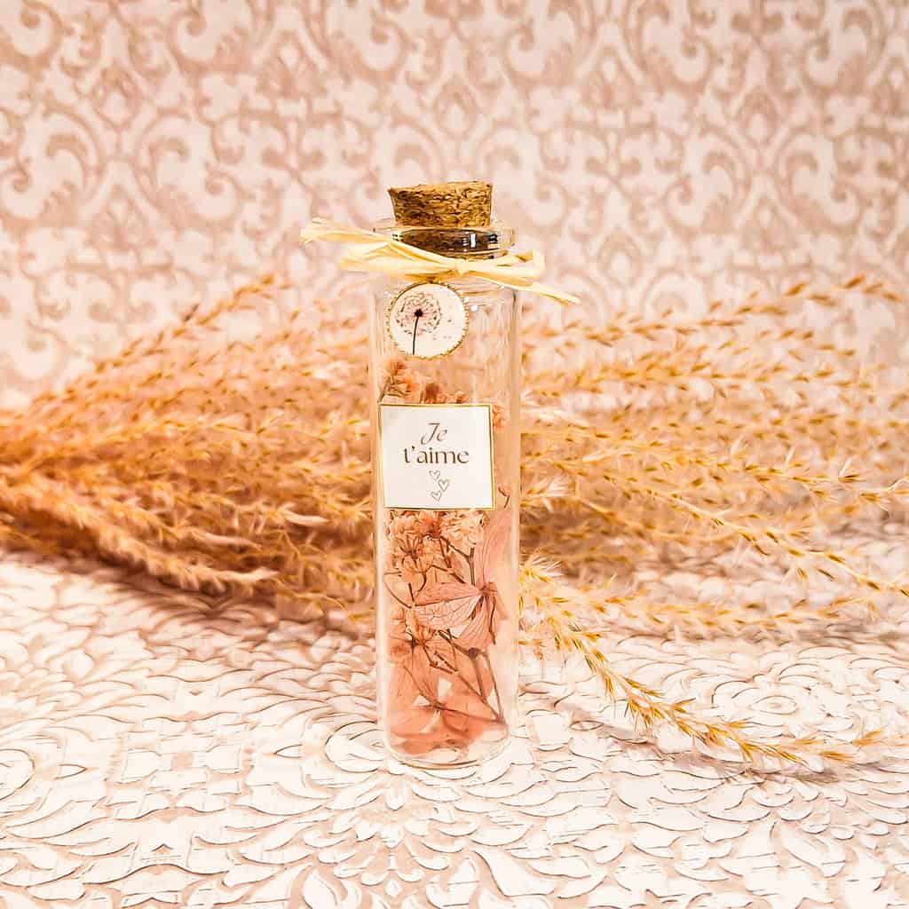 fiole message personnalisé bouteille verre cadeau amour resine dandelion fleurs lydee deco