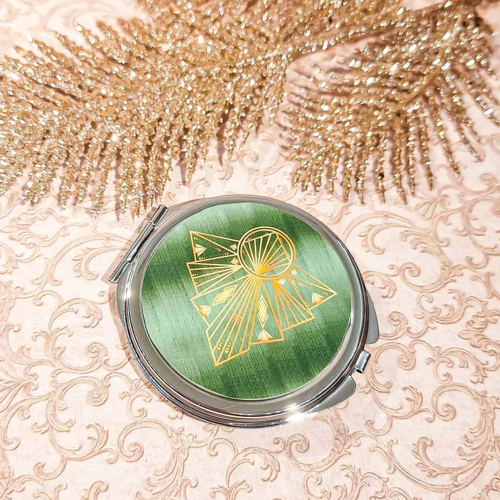 Miroir de poche art deco vert or argent resine lydee deco