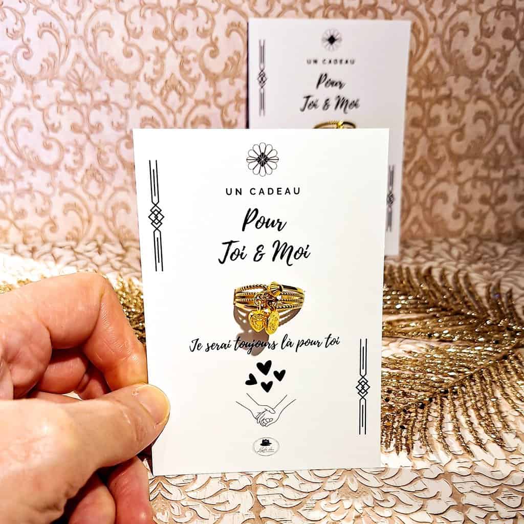 bagues duo doré perles coeur medaillon acier inoxydable reglable mere fille soeur amies message