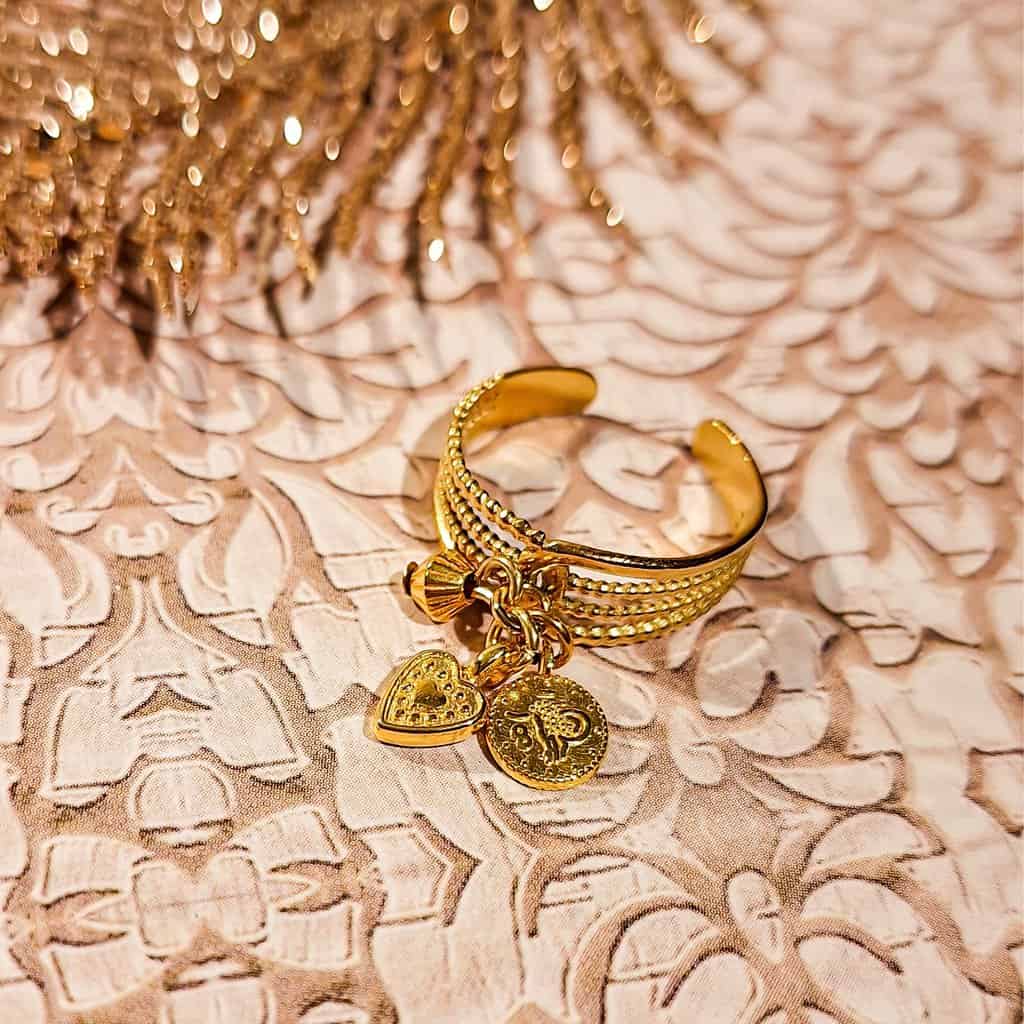 bagues duo doré perles coeur medaillon acier inoxydable reglable mere fille soeur amies