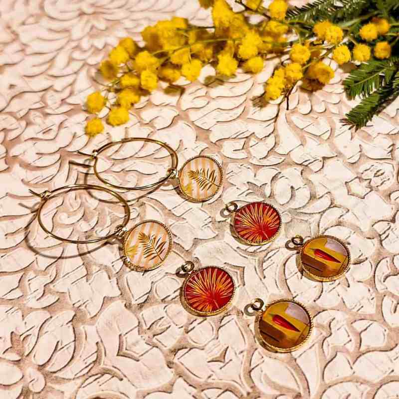 Box creoles feuille palmier piment resine acier inoxydable dore lydee deco 2 paires de pendentifs ou 3 paires au choix avec une paire de créoles
