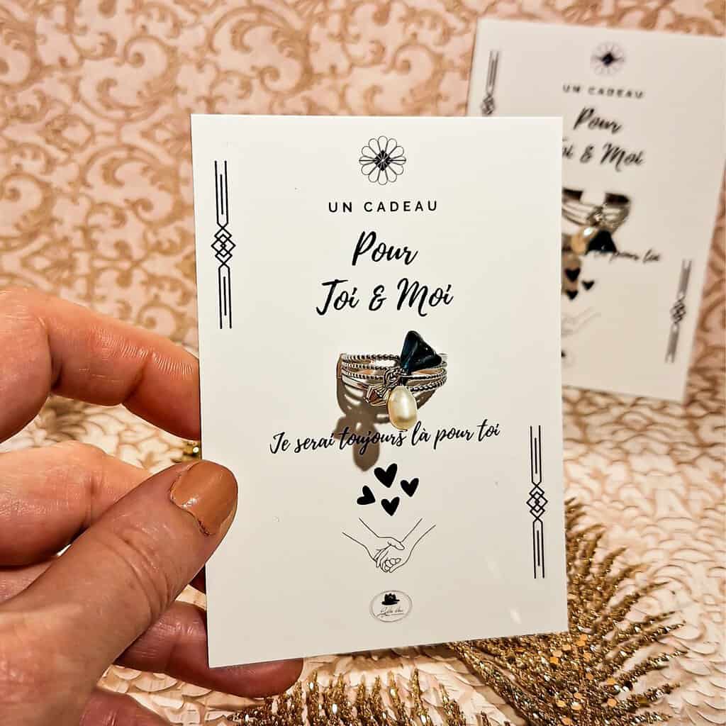 Bagues duo argenté faites-main avec breloques assorties (cœur, médaillon et perle toupie)