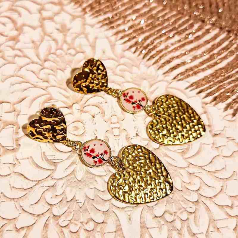 boucles mon coeur acier inoxydable fleurs rose resine lydee deco