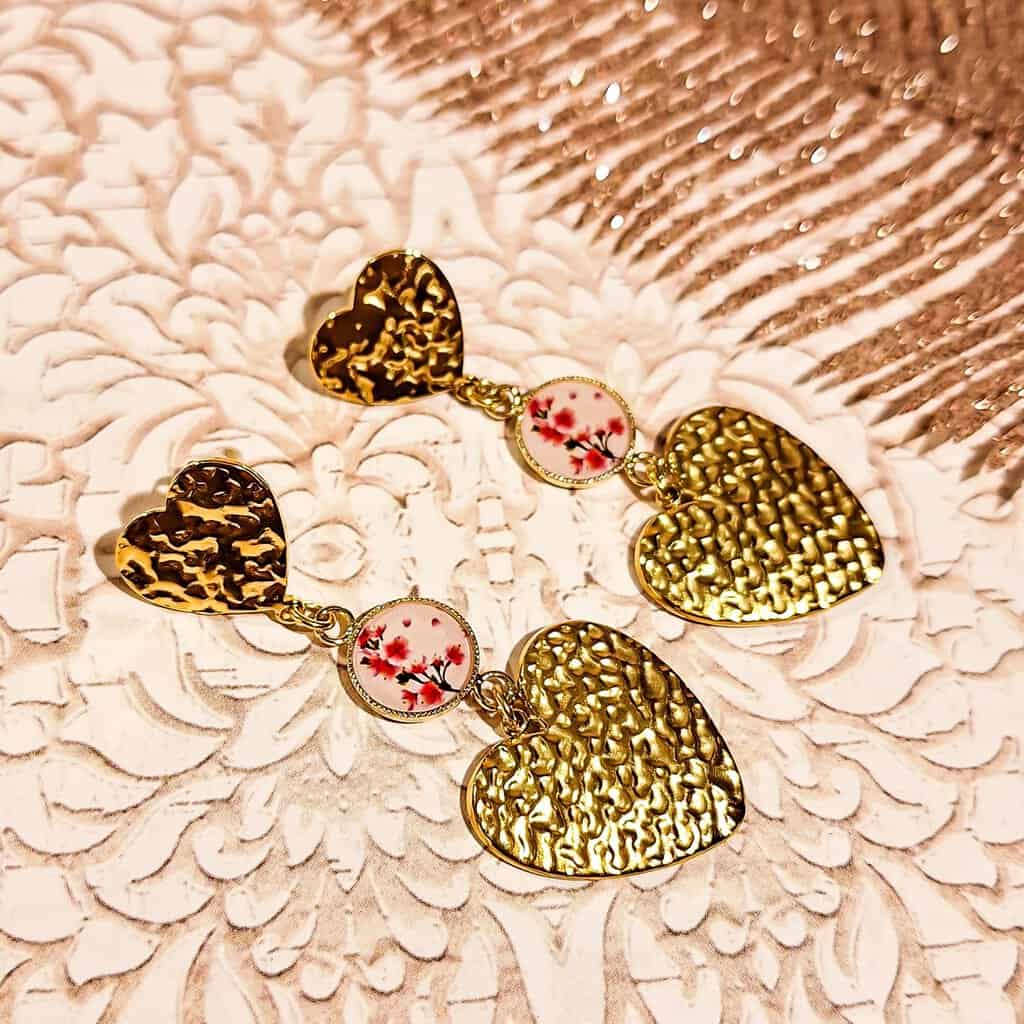 boucles mon coeur acier inoxydable fleurs rose resine lydee deco