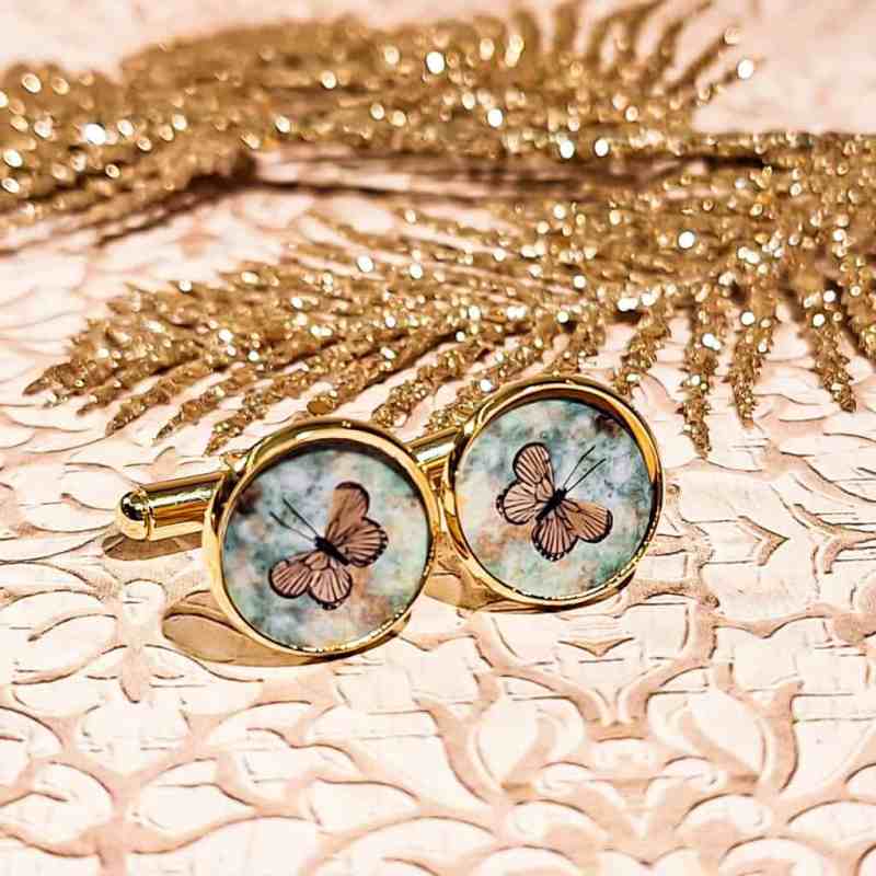 boutons de manchettes papillon vert marron chemise homme resine lydee deco