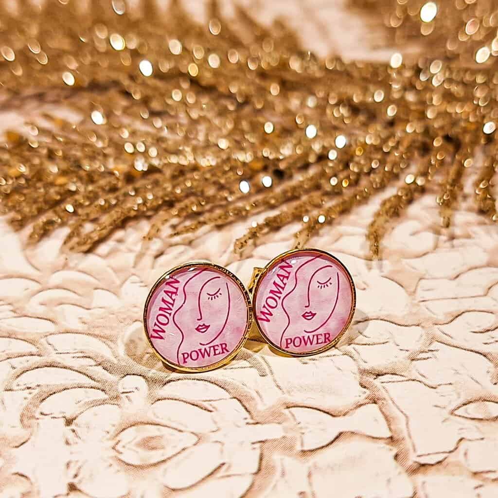 Puces rose octobre rose ruban rose woman power lydee deco acier inox message femme forte