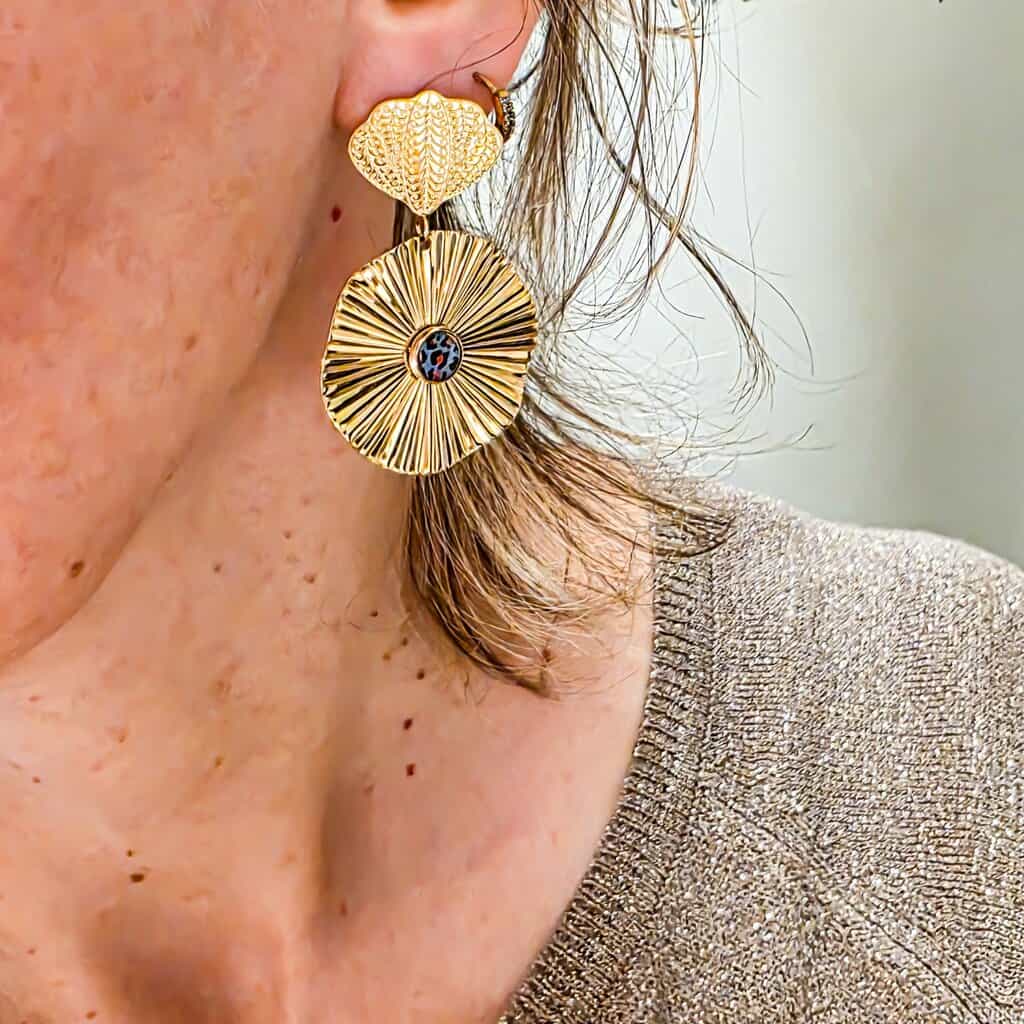 Paire de boucles rondes à motif léopard multicolore sur papier photo résiné, dormeuses goutte en laiton or 24k