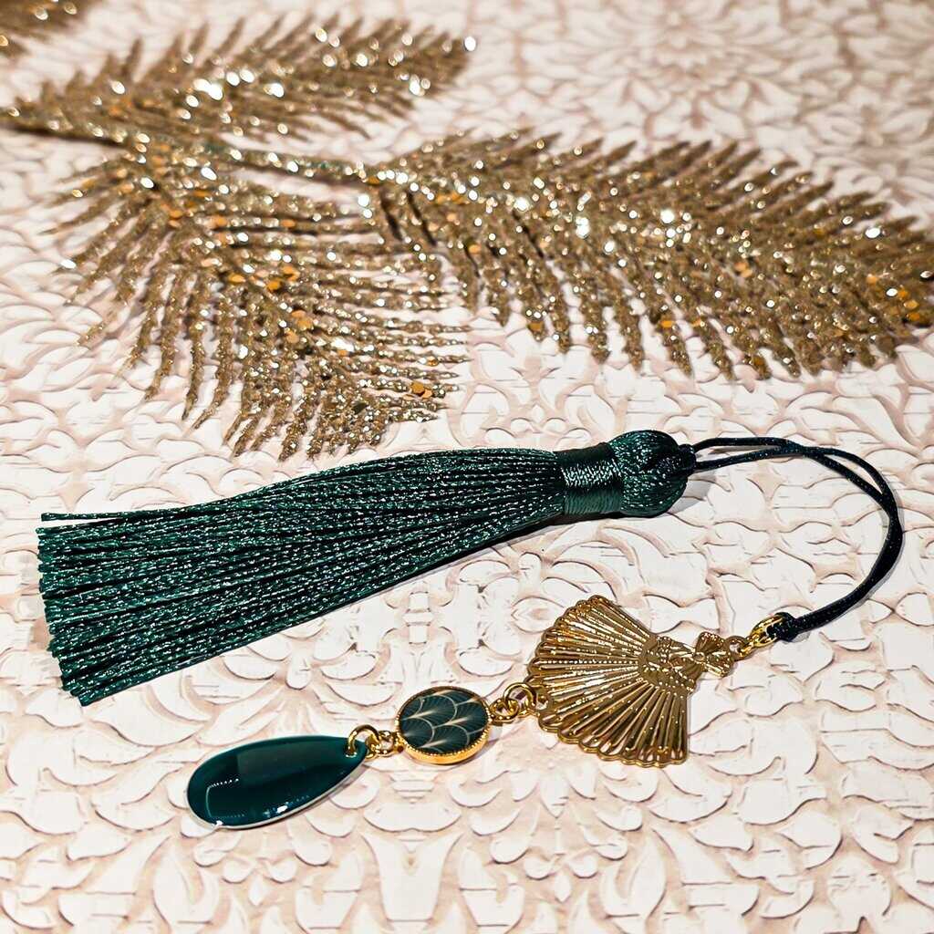 Marque-pages art déco pour livre resine pompon sequin eventail vert