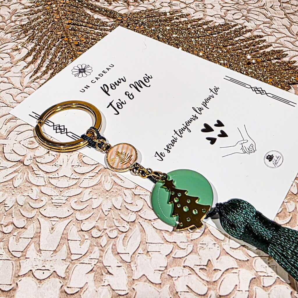 Porte-clés sapin feuille cadeau pour deux pompon vert lydee deco cadeau amies soeurs mere fille duo sac