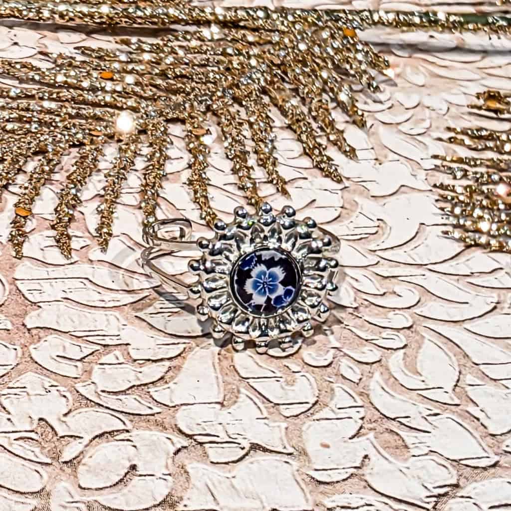 Bague argentée fleur resine cerisier acier inoxydable lydee deco