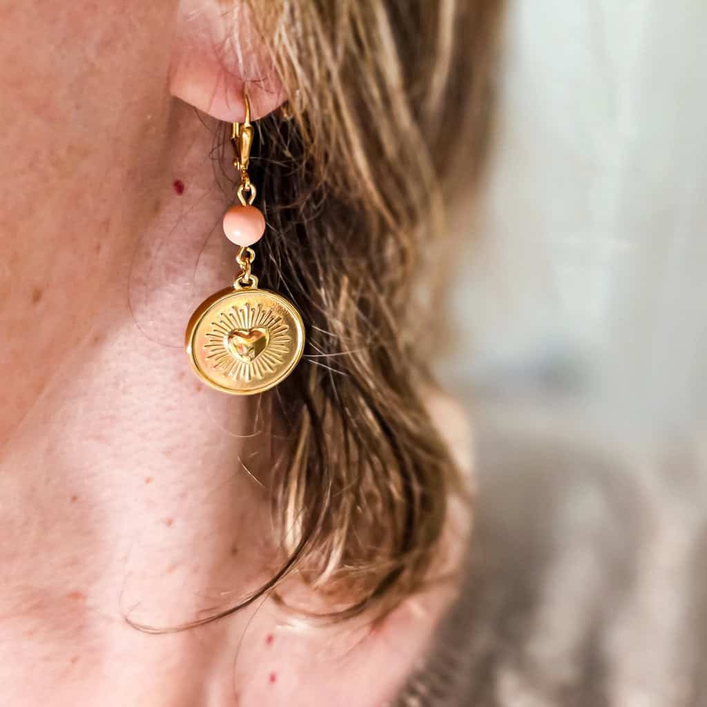 Boucles love pendentif acier inoxydable dore coeur perle ronde swarovski 6