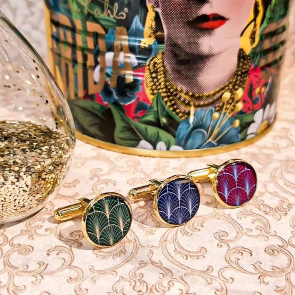 Idées cadeaux noel boutons de manchettes dore eventail multicolore resine lydee deco