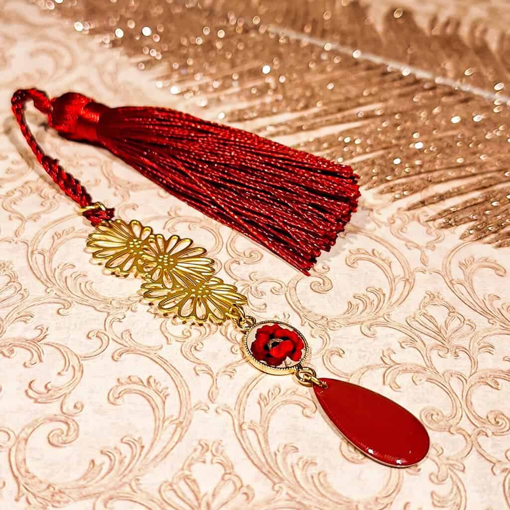 Marque-page coquelicot fleur bohème 3 cm avec pompon textile rouge 8 cm, style japonais