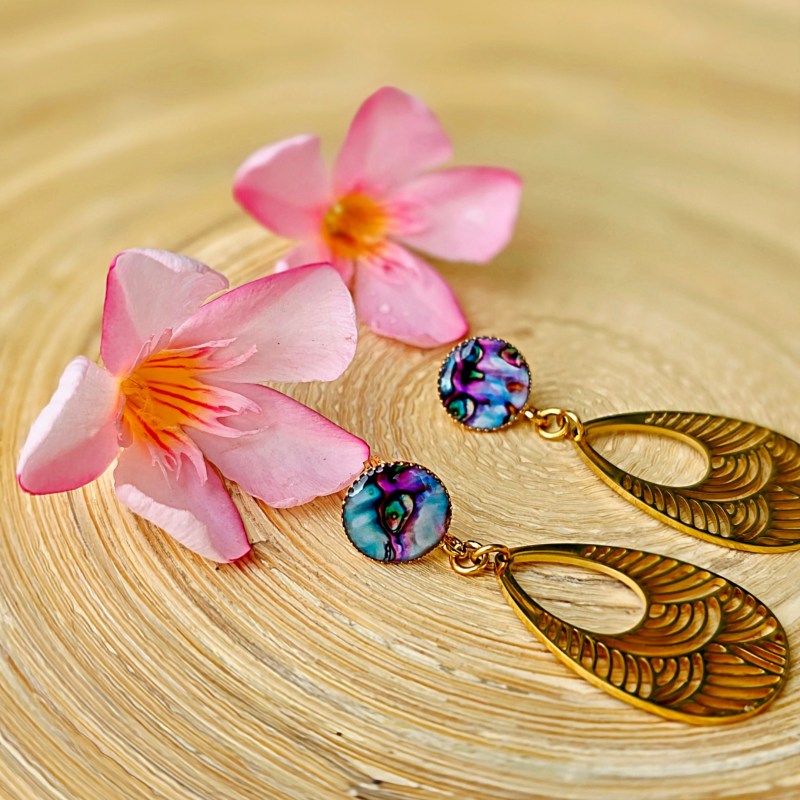 Boucles boho chic nacre seigaiha acier inoxydable résine été lydee deco