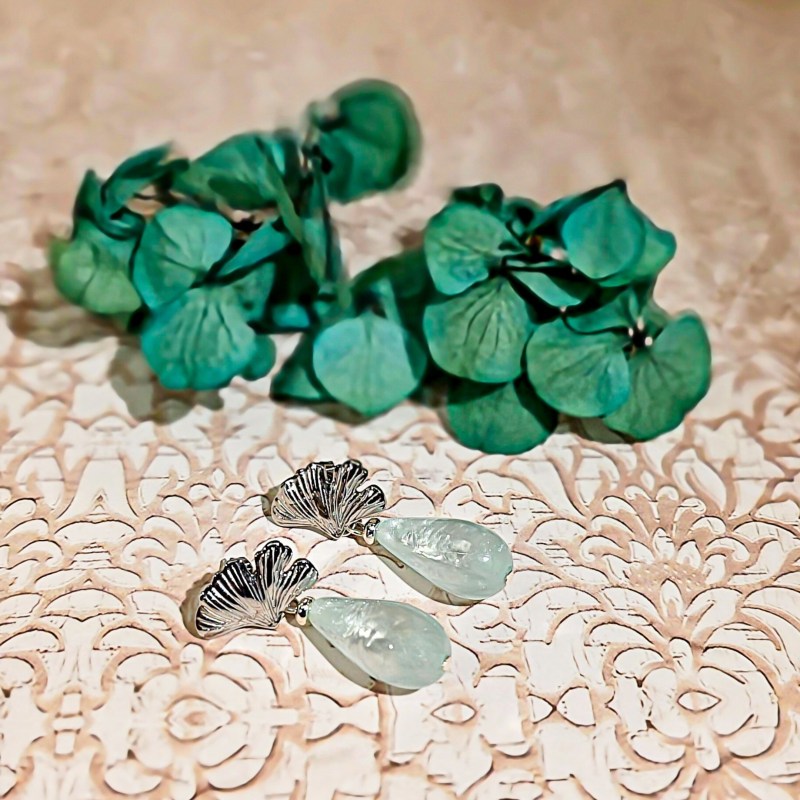 Boucles perles ginkgo gouttes vert d'eau acier inox argenté