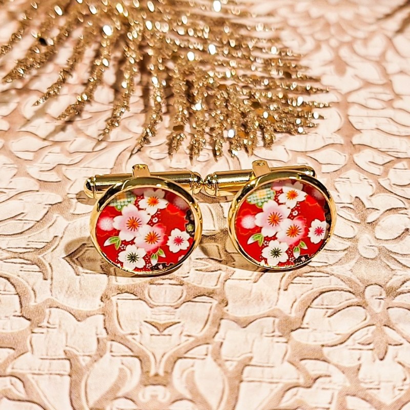 Boutons de manchettes sakura fleur cerisier rouge lydee deco chemise homme chemise doré