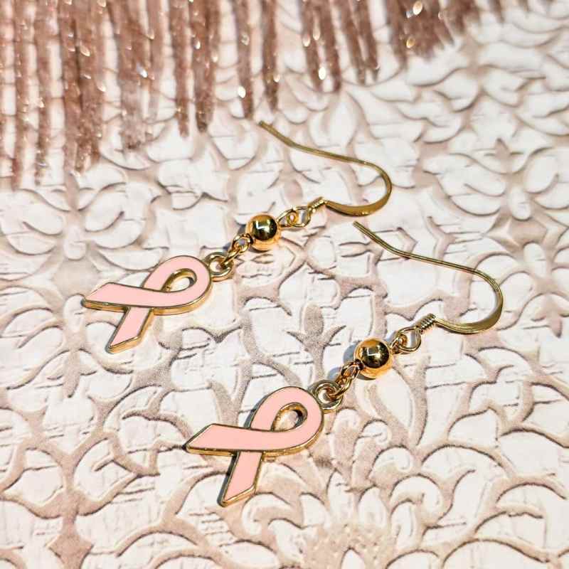 Boucles ruban rose dore octobre rose perle crochets acier inox bijou solidaire