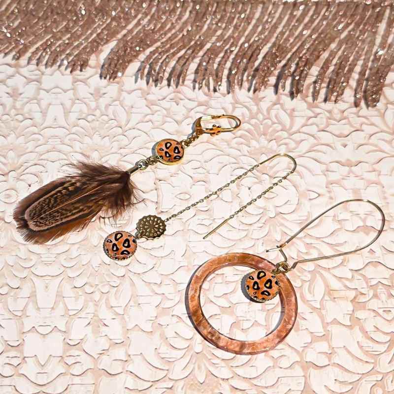 Trio boucles mandala leopard marron plume orangé